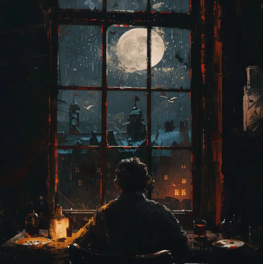 man-contemplates-desk-window-city-moon-illustration-imagination