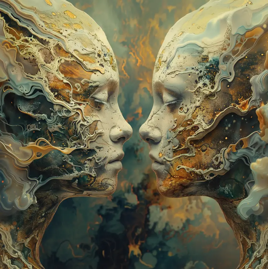 coexistence-rational-emotional-aspects-within-human-mind Abstract mirrored human faces merging with flowing textures, symbolizing rational and emotional dimensions of the mind.