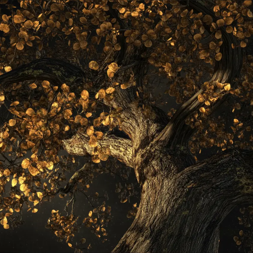 tree-trunk-leaves-golden-colors-illustration-fantasy-gold Strong tree trunk with golden leaves, symbolizing rooted stability and grounding.